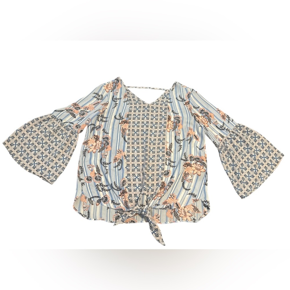 Zac & Rachel Floral Blue and Pink Bell Sleeve Tie Front Blouse
